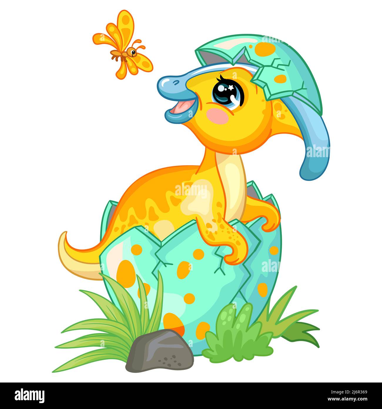 Bébé heureux parasaurolophus dinosaure assis dans l'oeuf sur la nature. Joli personnage de dessin animé. Illustration vectorielle isolée. Pour l'impression, le design, la publicité, env Illustration de Vecteur