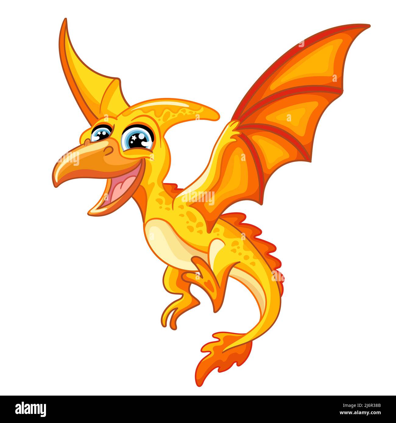 Mignon dessin animé bébé dinosaure personnage jaune volant pterodactyl. Illustration vectorielle isolée sur blanc. Pour l'impression, le design, la publicité, la papeterie, les t-s. Illustration de Vecteur