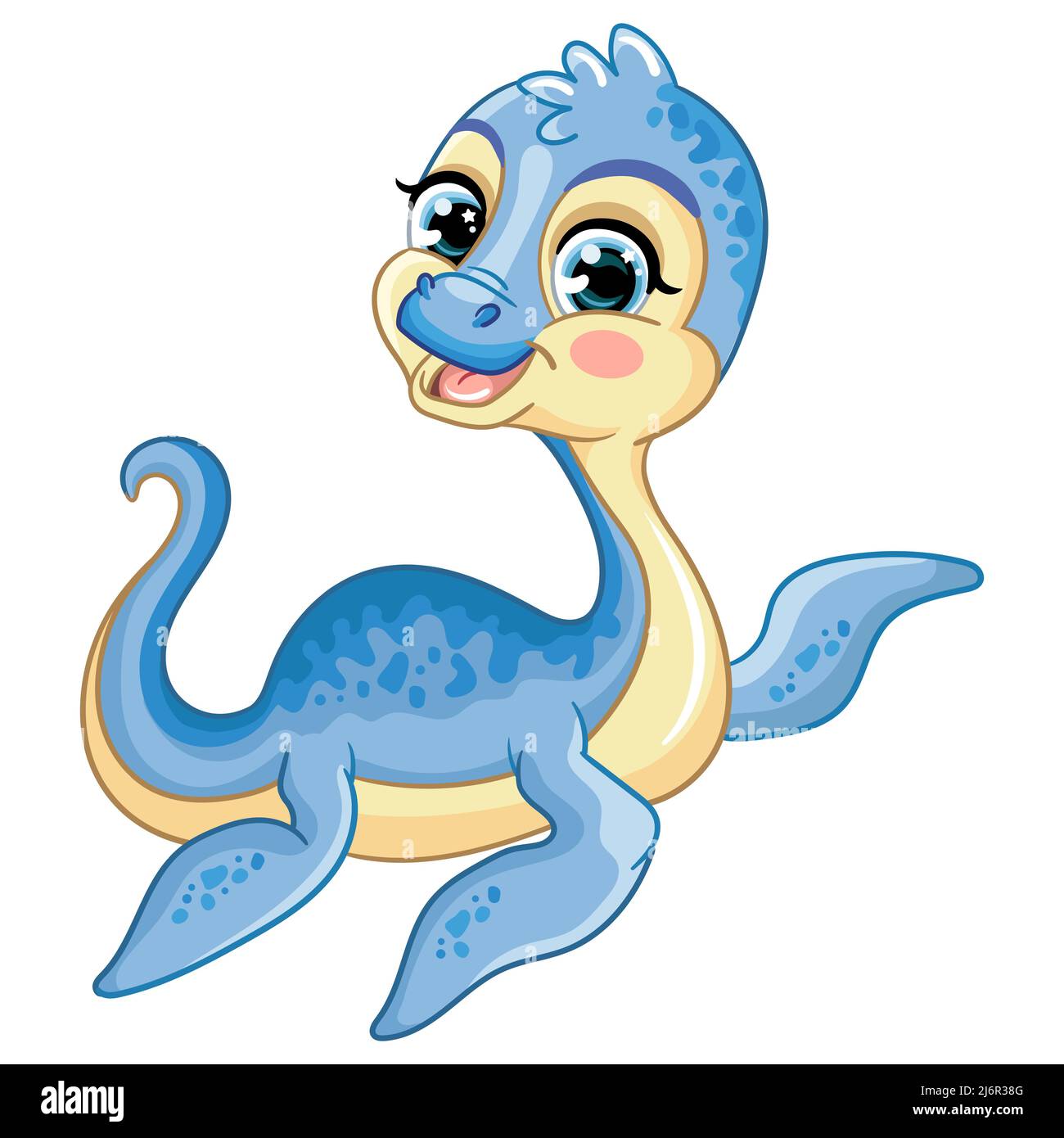 Joyeux dinosaure bébé plésiosaurus. Joli personnage de dessin animé. Illustration vectorielle isolée. Pour l'impression, le design, la publicité, les cartes, la papeterie, t-shirt Illustration de Vecteur