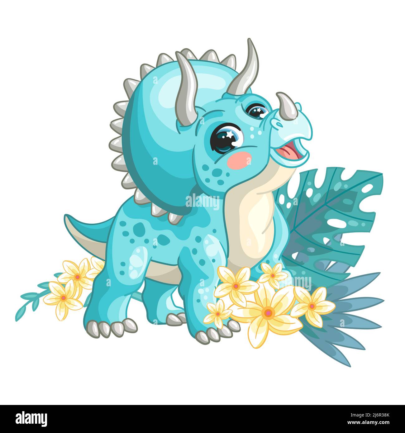 Dinosaures turquoise tricératops avec plantes exotiques. Joli personnage de dessin animé. Illustration vectorielle isolée sur fond blanc. Pour l'impression, le design, les cartes, Illustration de Vecteur