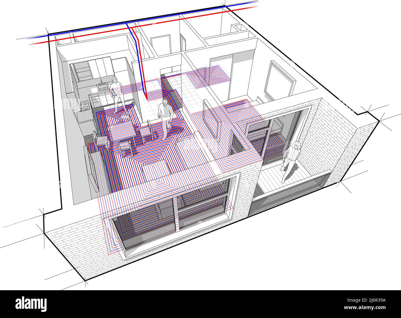 Vue en coupe d'un appartement d'une chambre entièrement meublé avec eau chaude sous le sol et des tuyaux de chauffage central Banque D'Images
