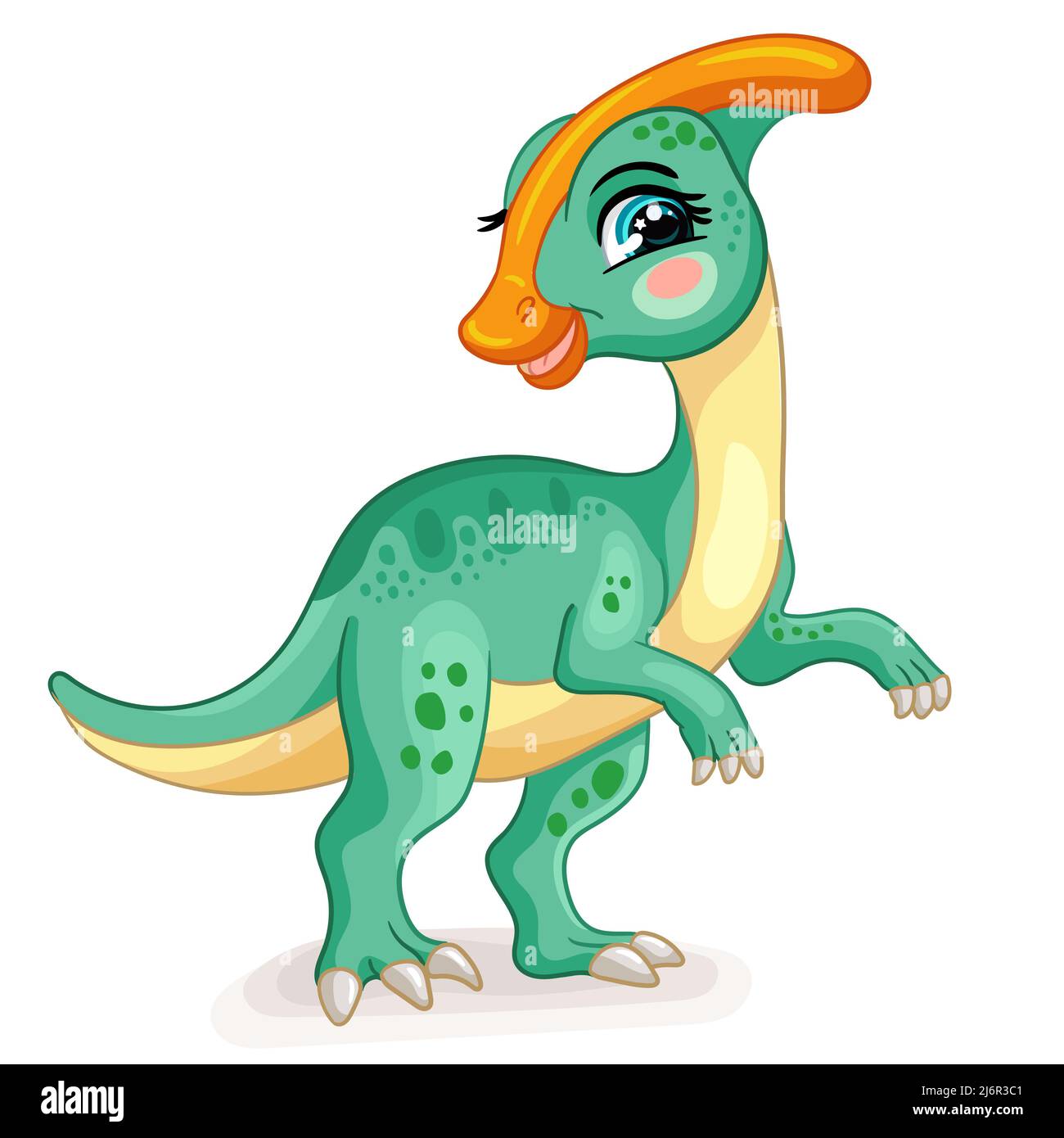 Vert dinosaure heureux parasaurolophus. Joli personnage de dessin animé. Illustration vectorielle isolée. Pour l'impression, le design, la publicité, les cartes, la papeterie, t-shirt Illustration de Vecteur