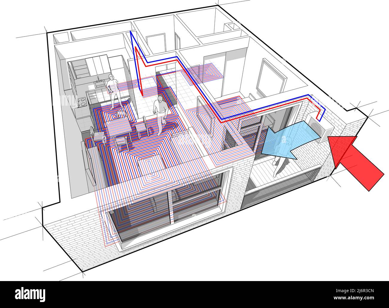 Vue en coupe d'un appartement d'une chambre entièrement meublé avec chauffage à l'eau chaude au sol et pompe à chaleur à la source d'air Banque D'Images