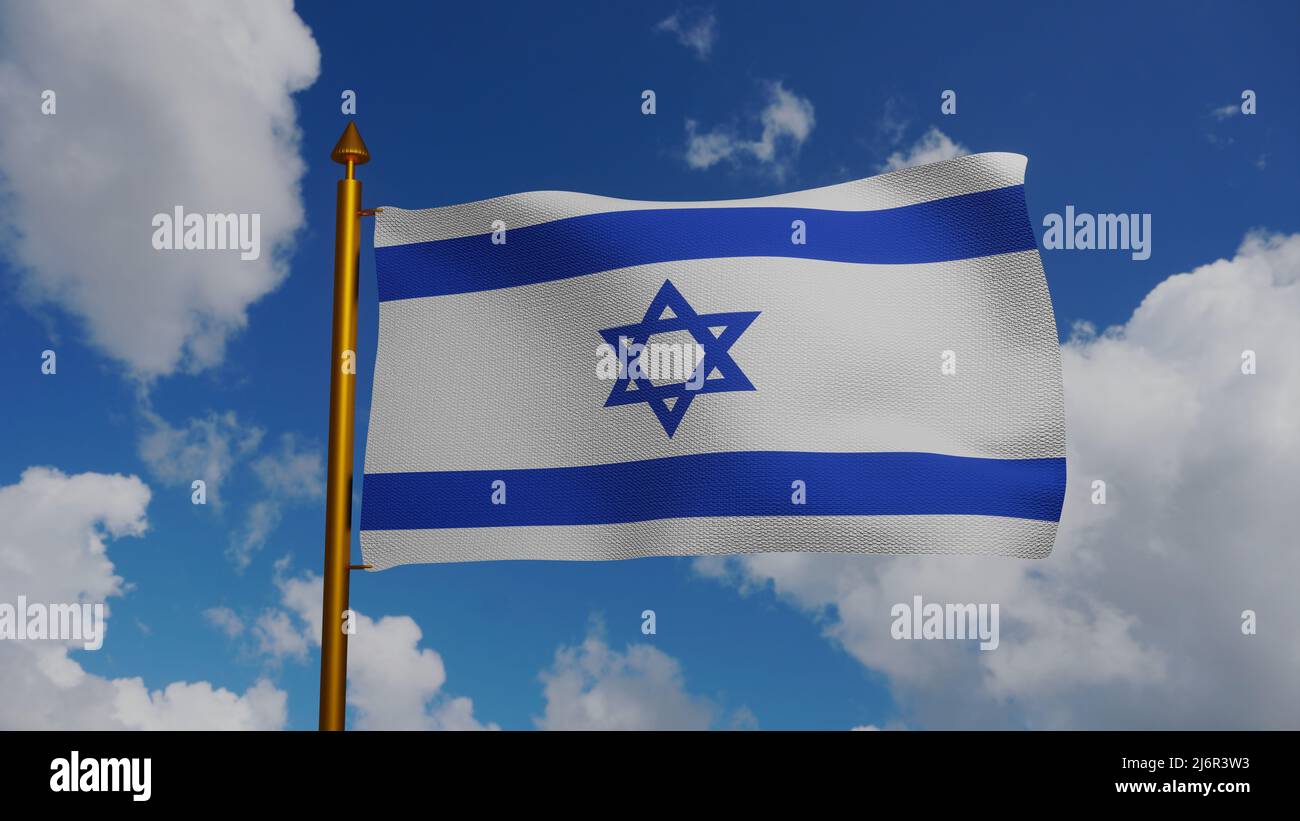 Drapeau national d'Israël agitant 3D Render avec le mât et le ciel bleu, le drapeau de l'État d'Israël a utilisé l'étoile de David, le drapeau de Sion ou le drapeau d'Israël Banque D'Images