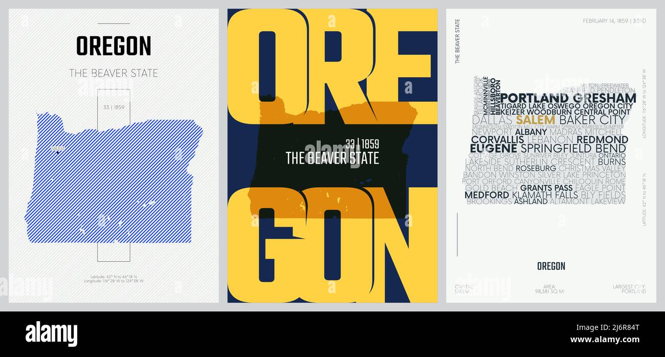 33 sur 50 ensembles, US State Posters avec nom et information dans 3 Styles de design, détail vector art imprimer carte de l'Oregon Illustration de Vecteur