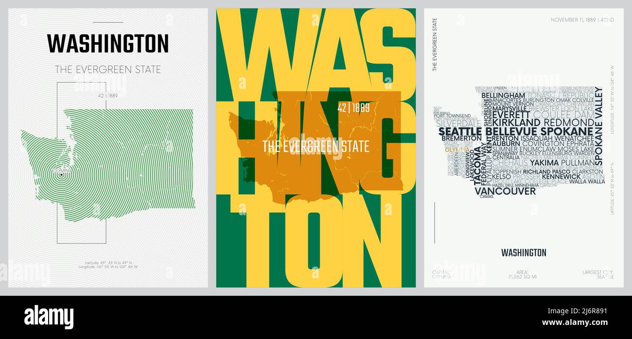 42 sur 50 ensembles, US State Posters avec nom et information dans 3 Styles de design, détail vectoriel art imprimer carte Washington Illustration de Vecteur
