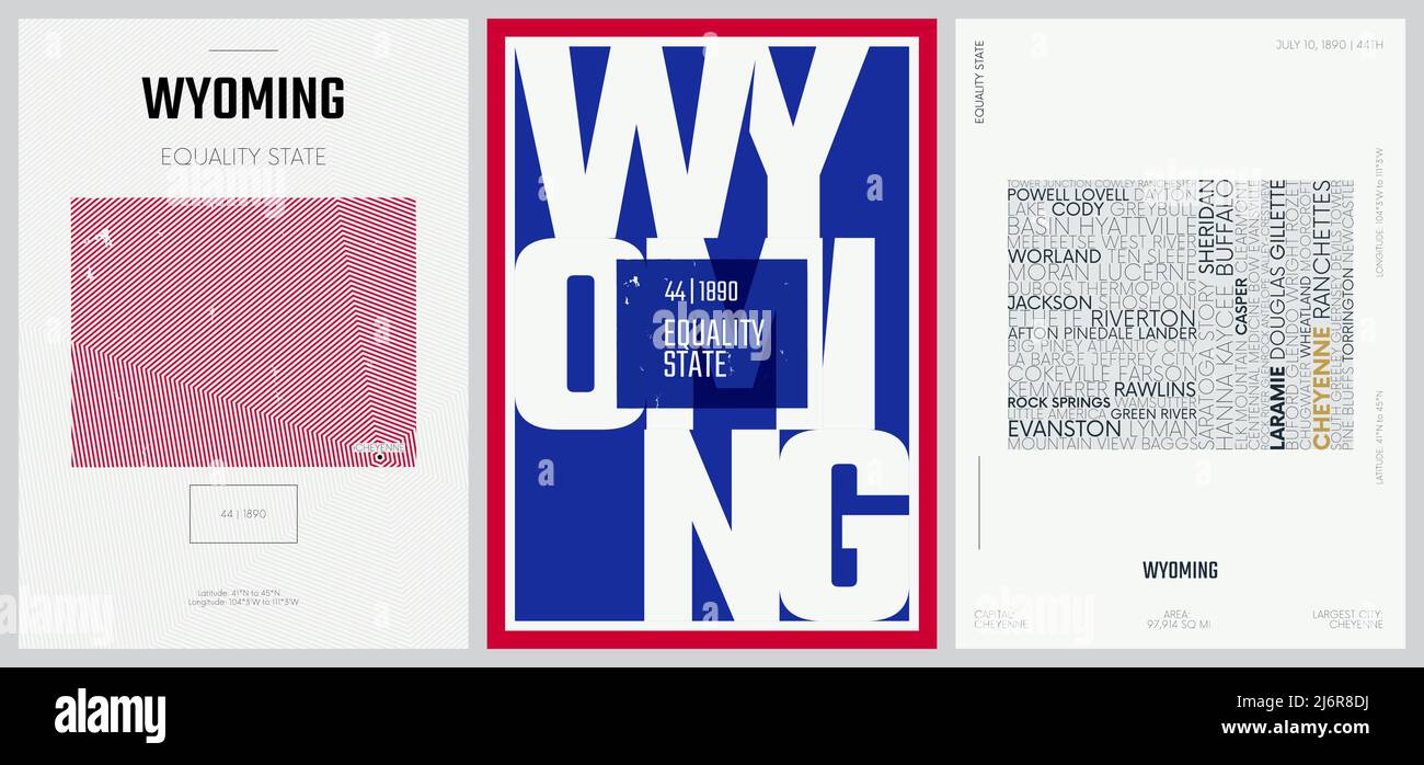 44 sur 50 ensembles, US State Posters avec nom et information dans 3 Styles de design, détail vector art imprimer carte Wyoming Illustration de Vecteur