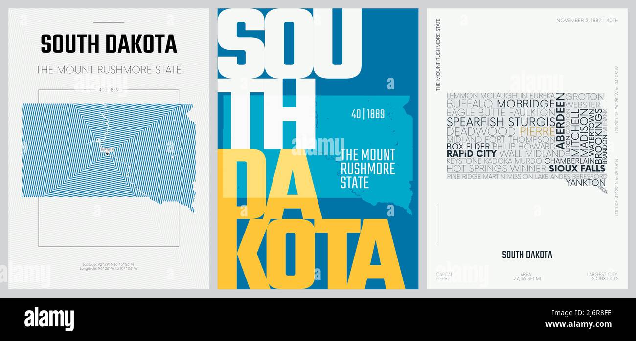 40 sur 50 ensembles, US State Posters avec nom et information dans 3 Styles de design, détail vectoriel art imprimer carte du Dakota du Sud Illustration de Vecteur