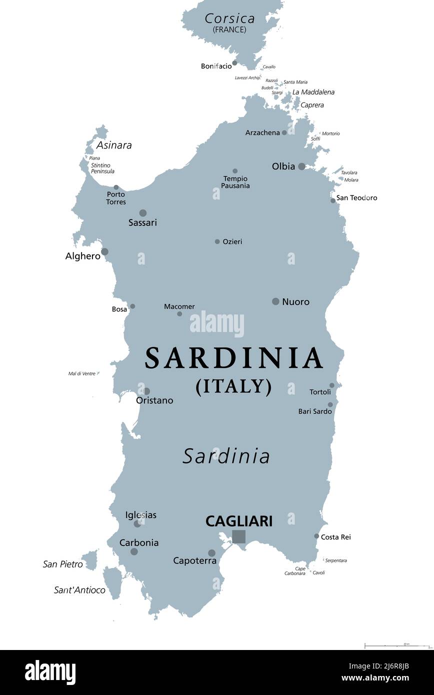Sardaigne, île italienne, carte politique grise, avec la capitale Cagliari. Sardegna, région