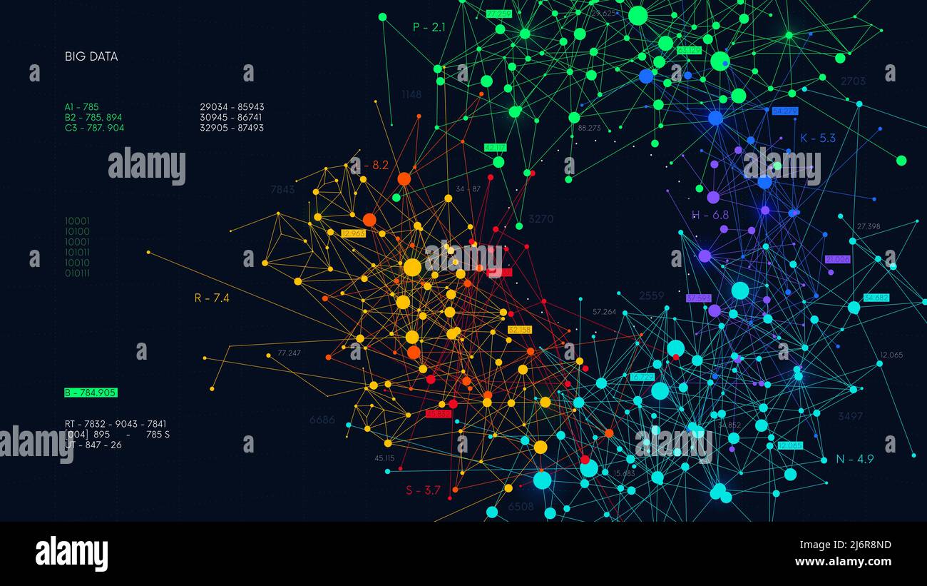 Visualisation numérique réseaux d'informations flux, analyse et tri de données financières massives, infographies abstraites en couleur, illustration vectorielle Illustration de Vecteur
