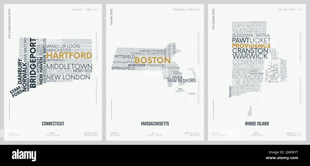 Composition typographique des noms de ville, silhouettes cartes des États d'Amérique, affiches vectorielles détaillées, Connecticut, Massachusetts, Rhode Island Illustration de Vecteur
