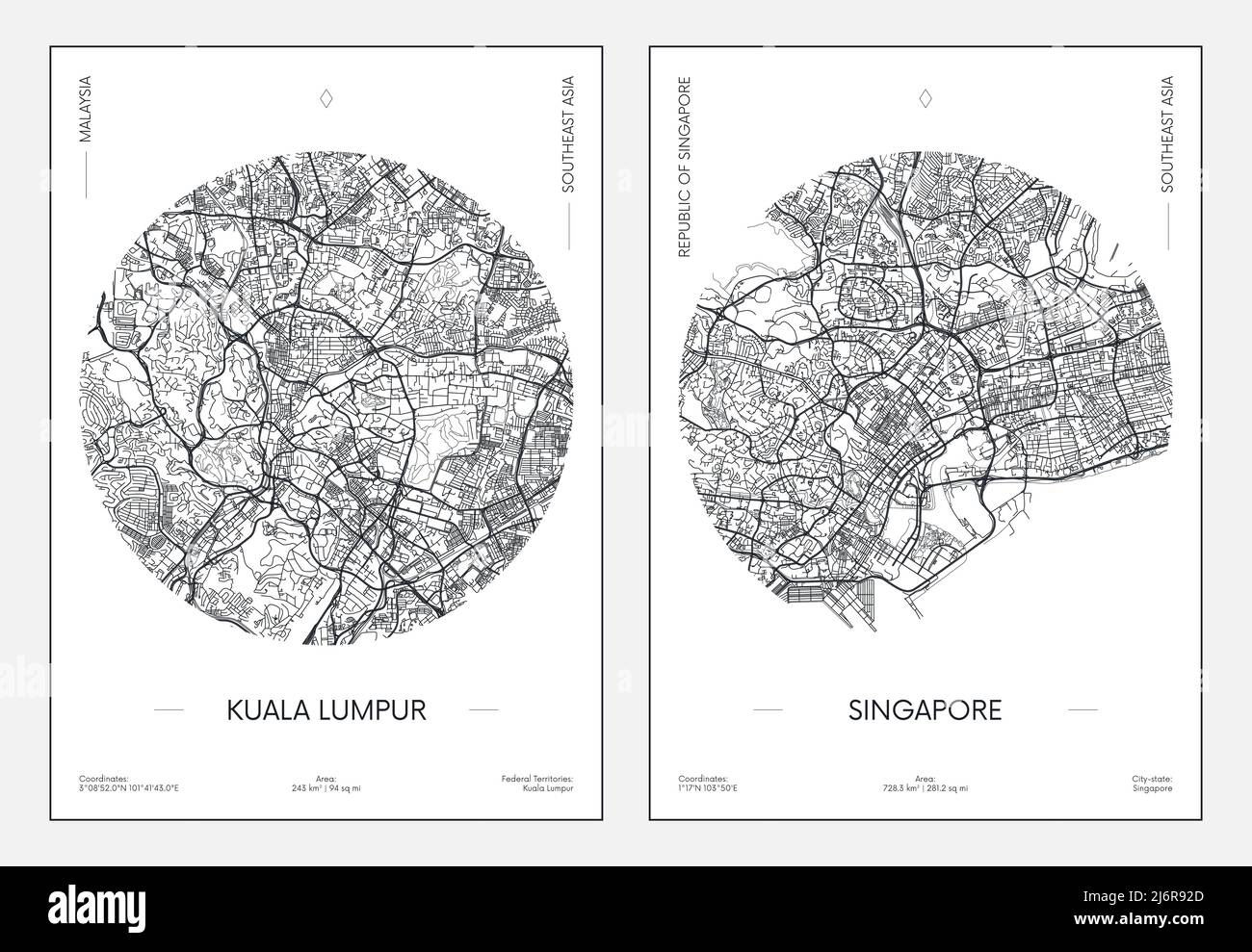 Poster de voyage, plan urbain plan de la ville Kuala Lumpur et Singapour, illustration vectorielle Illustration de Vecteur