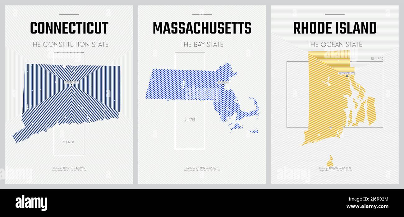 Affiches vectorielles cartes détaillées des silhouettes des États d'Amérique avec motif linéaire abstrait, Division Nouvelle Angleterre - Connecticut, Massachusetts, Rho Illustration de Vecteur