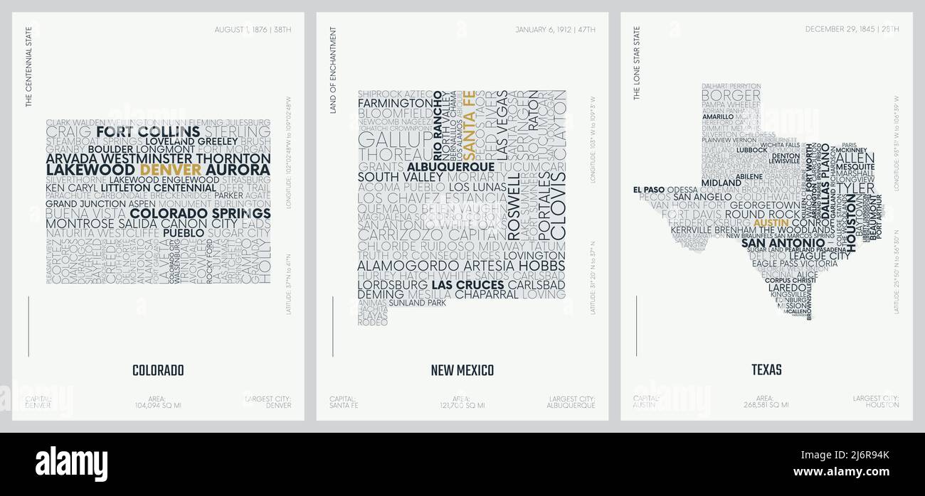 Composition typographique des noms de ville, silhouettes cartes des États d'Amérique, affiches vectorielles détaillées, Colorado, Nouveau-Mexique, Texas Illustration de Vecteur