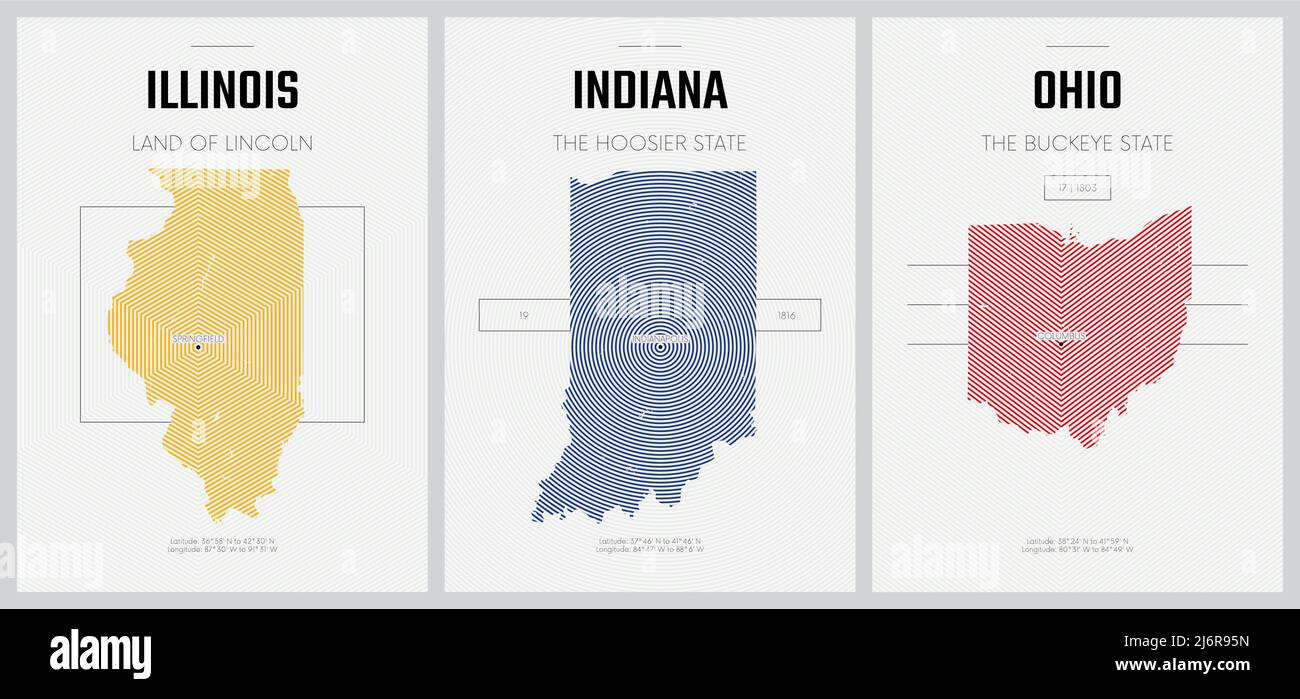 Affiches vectorielles cartes détaillées des silhouettes des États d'Amérique avec motif linéaire abstrait, Division est Nord Centre - Illinois, Indiana, Ohio Illustration de Vecteur