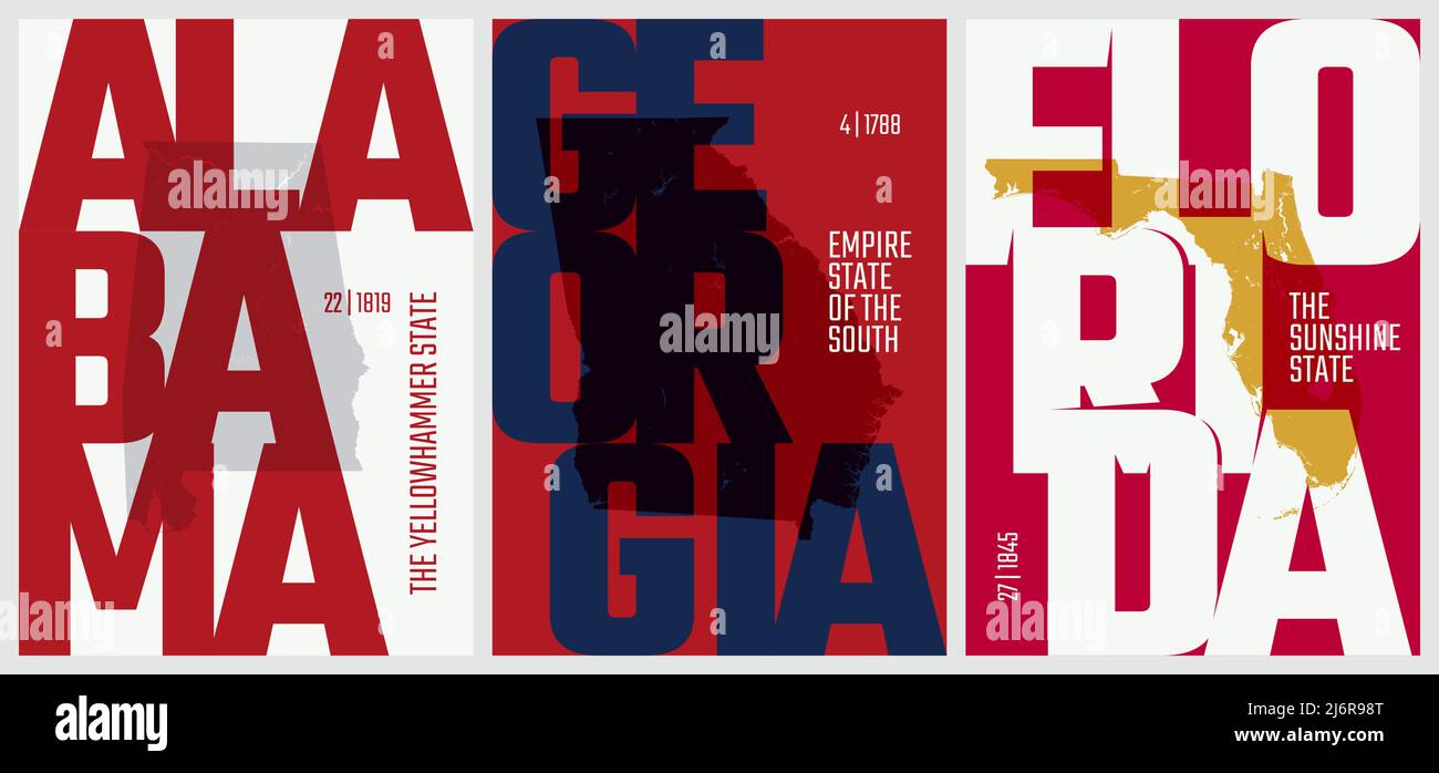 Affiches vectorielles États des États-Unis avec un nom, surnom, date admis à l'Union, Alabama, Géorgie, Floride Illustration de Vecteur Affiches vectorielles États des États-Unis avec un nom, surnom, date admis à l'Union, Alabama, Géorgie, Floride Illustration de Vecteur