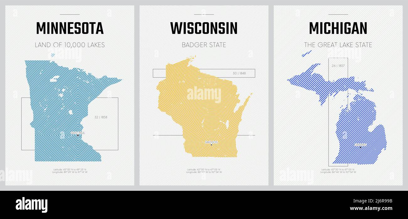 Affiches vectorielles cartes détaillées des silhouettes des États d'Amérique avec motif linéaire abstrait, les Grands Lacs - Minnesota, Wisconsin, Michigan Illustration de Vecteur