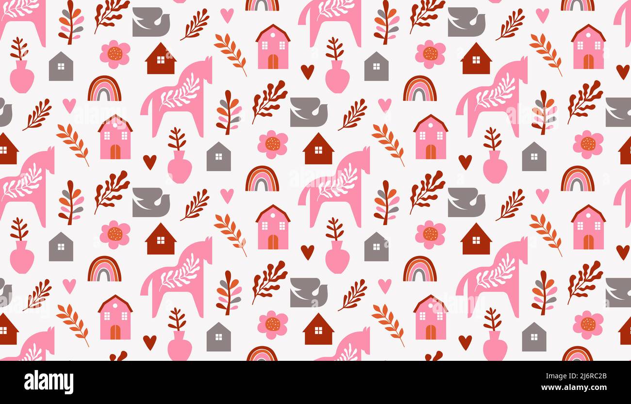 Motif sans coutures pour chevaux Dala et éléments floraux Illustration de Vecteur