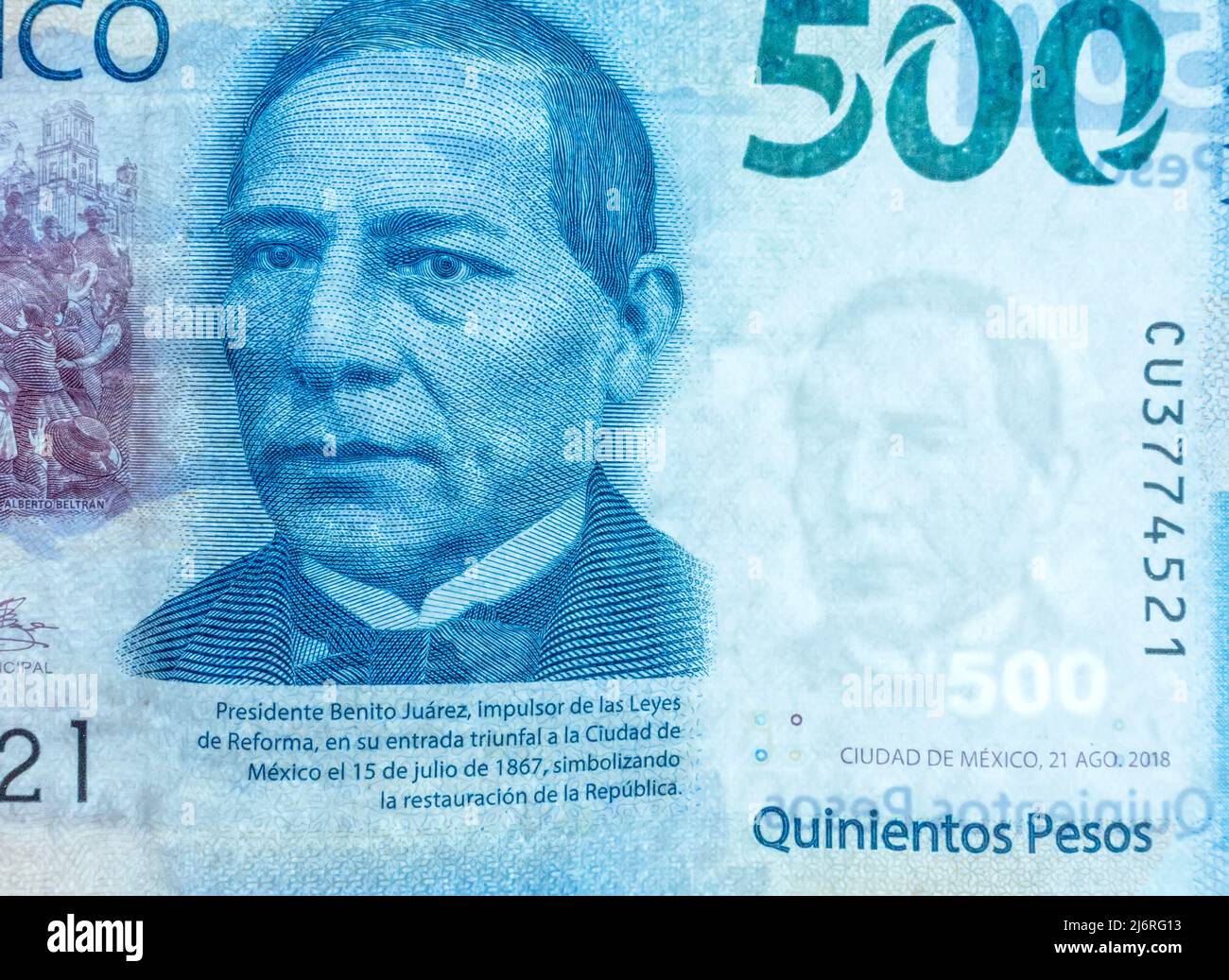 Filigrane sur la facture de 500 peso au Mexique avec le premier président Benito Juarez Banque D'Images