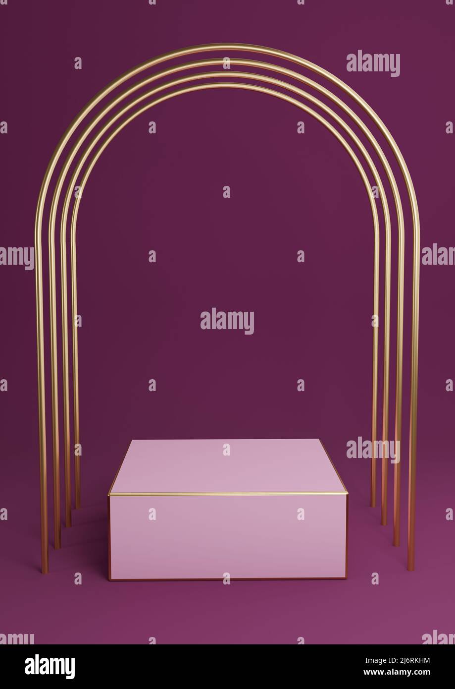 Magenta foncé, violet 3D rendant minimal présentoir de produits podium ou stand avec arches or de luxe et lignes dorées. Résumé de fond simple co Banque D'Images