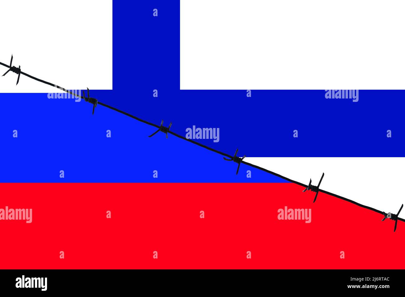 Drapeaux russes et finlandais séparés par un fil barbelé. Symbole du conflit entre les deux pays. Banque D'Images