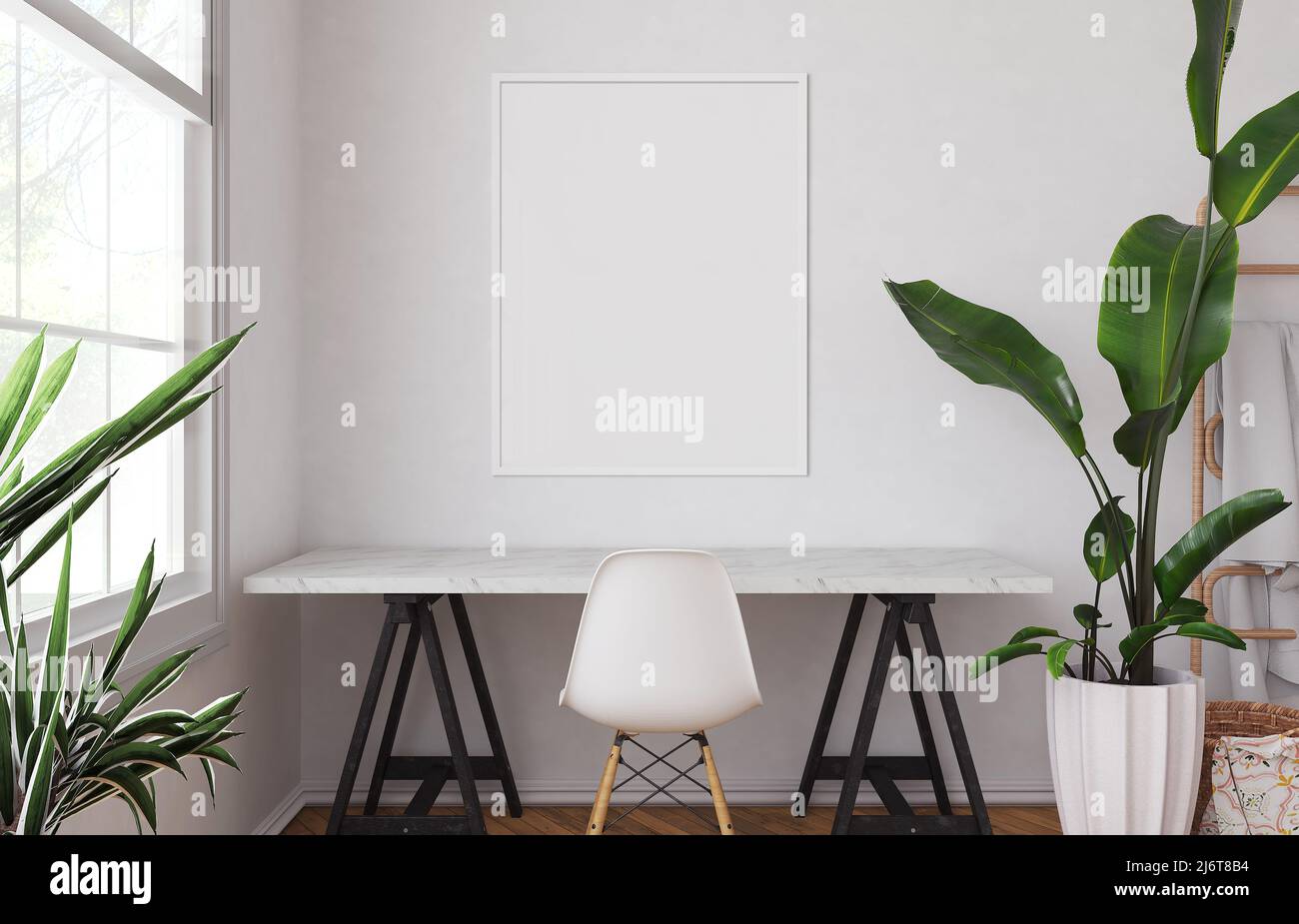 Maquette de cadre d'image blanche sur le mur blanc. Salle de travail blanche. Maquette d'affiche. Intérieur de style minimalistique avec maquette. Banque D'Images