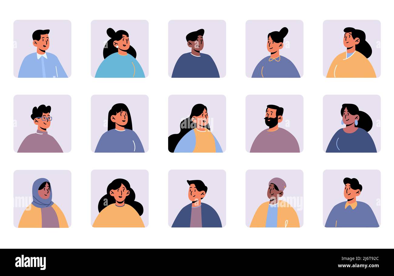 Divers avatars de personnes, hommes et femmes personnages visages pour le profil de médias sociaux. Illustration vectorielle plate de portraits homme et femme avec différentes coiffures en cadre carré Illustration de Vecteur