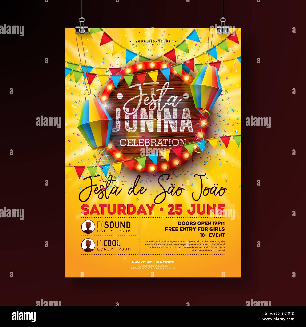 Festa Junina Party Flyer Illustration avec lanterne en papier et ampoule rétro panneau d'affichage avec fond de texture de bois. Vector Brésil juin Sao Joao Illustration de Vecteur