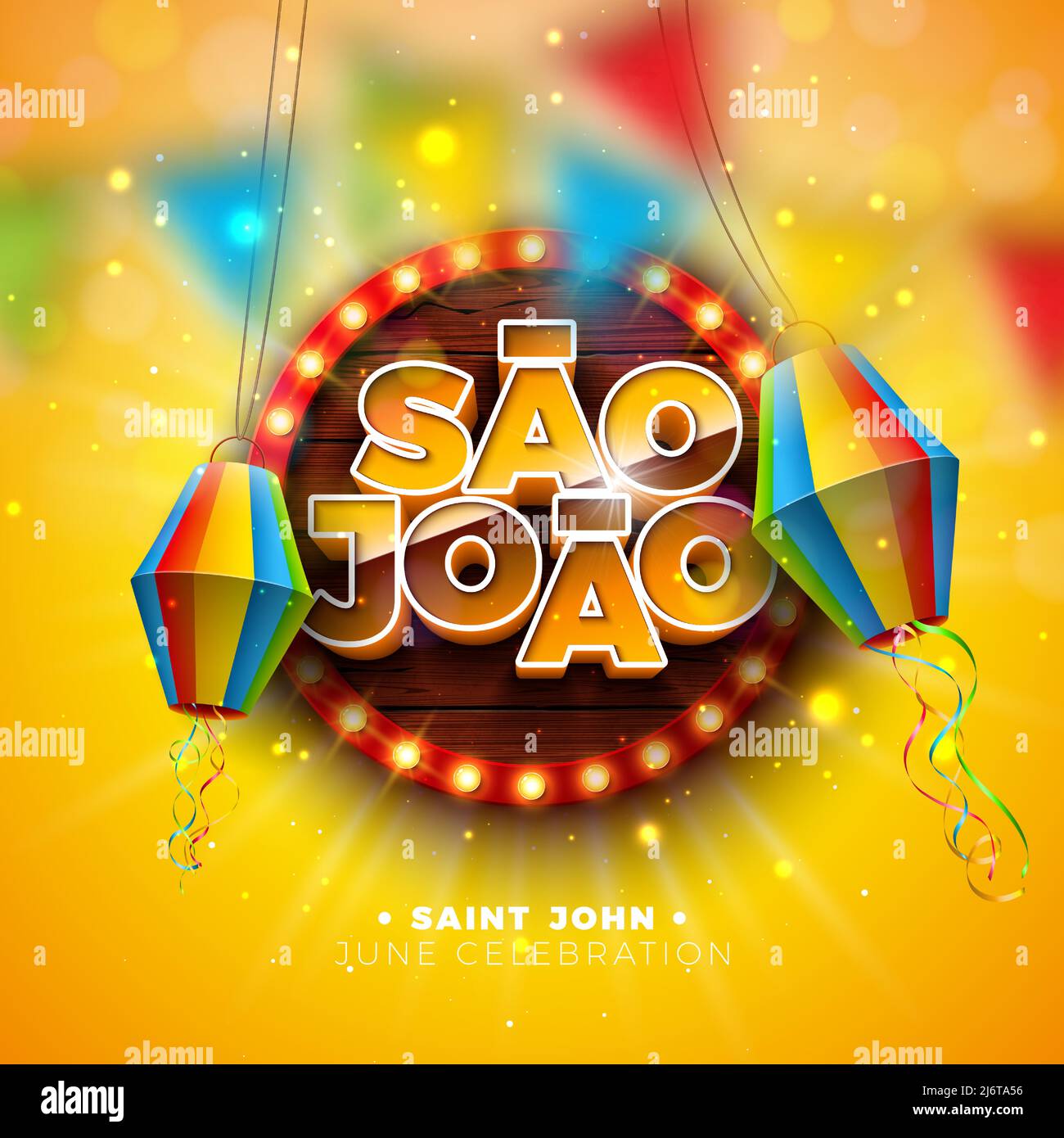 Festa Junina Illustration avec drapeaux de partie, lanterne en papier et 3D Sao Joao lettrage sur ampoule panneau d'affichage avec fond en bois. Vector Brésil juin Illustration de Vecteur