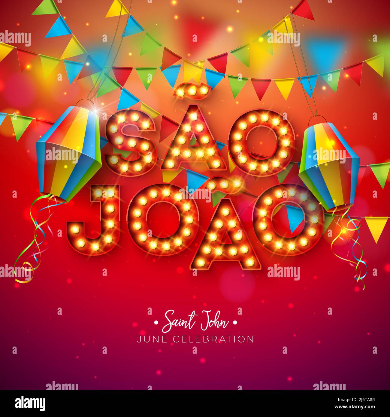 Festa Junina Illustration avec drapeaux de partie, lanterne en papier et ampoule de panneau d'affichage Sao Joao lettrage sur fond rouge. Festival de juin Vector Brésil Illustration de Vecteur