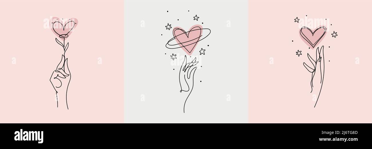 Ensemble d'icônes féminines pour le salon de beauté, concept d'amour de soi. La main et le coeur d'art continu, symbole esthétique, logo, tatouage. Isola de l'illustration vectorielle Illustration de Vecteur