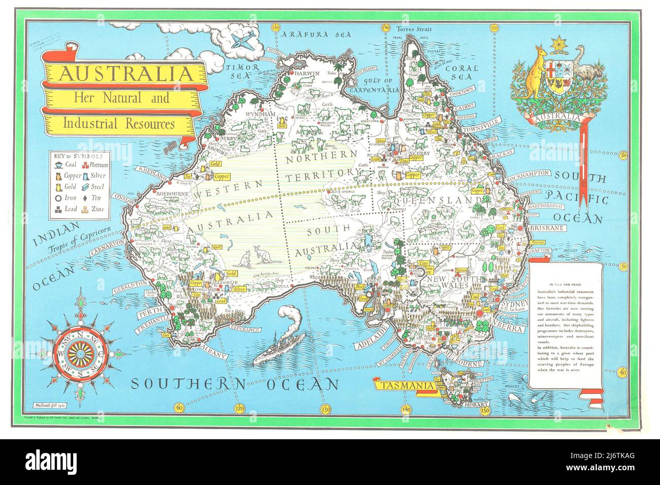 MacDonald Gill - Australie - ses ressources naturelles et industrielles - 1942 Banque D'Images