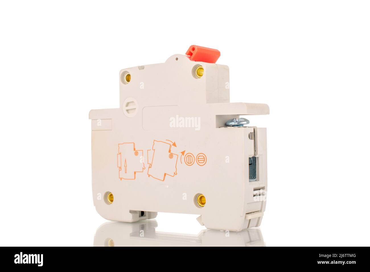Un disjoncteur, gros plan, isolé sur un fond blanc. Banque D'Images