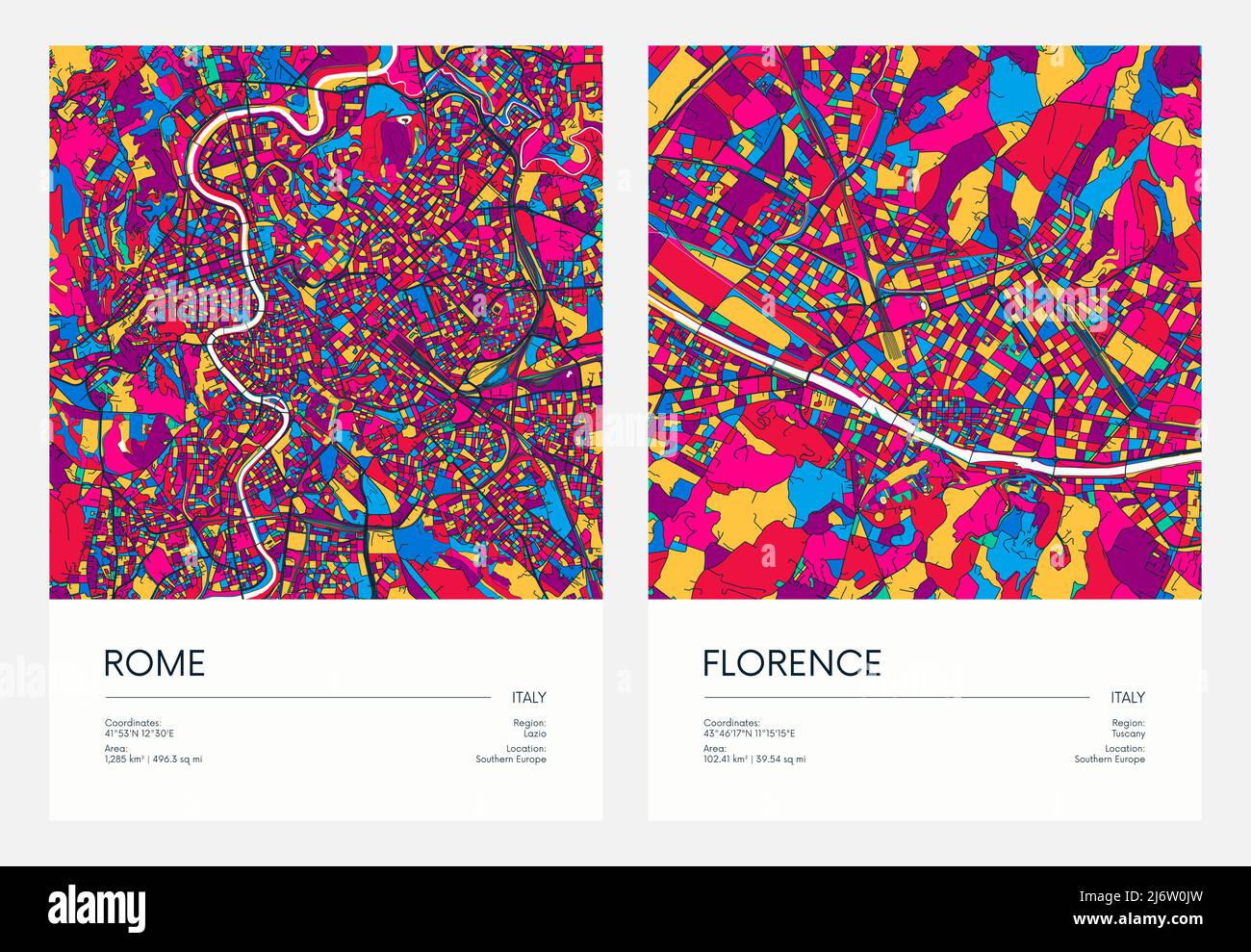 Carte routière détaillée en couleur, plan urbain ville de Rome et Florence avec quartiers et quartiers colorés, poster vecteur de voyage Illustration de Vecteur