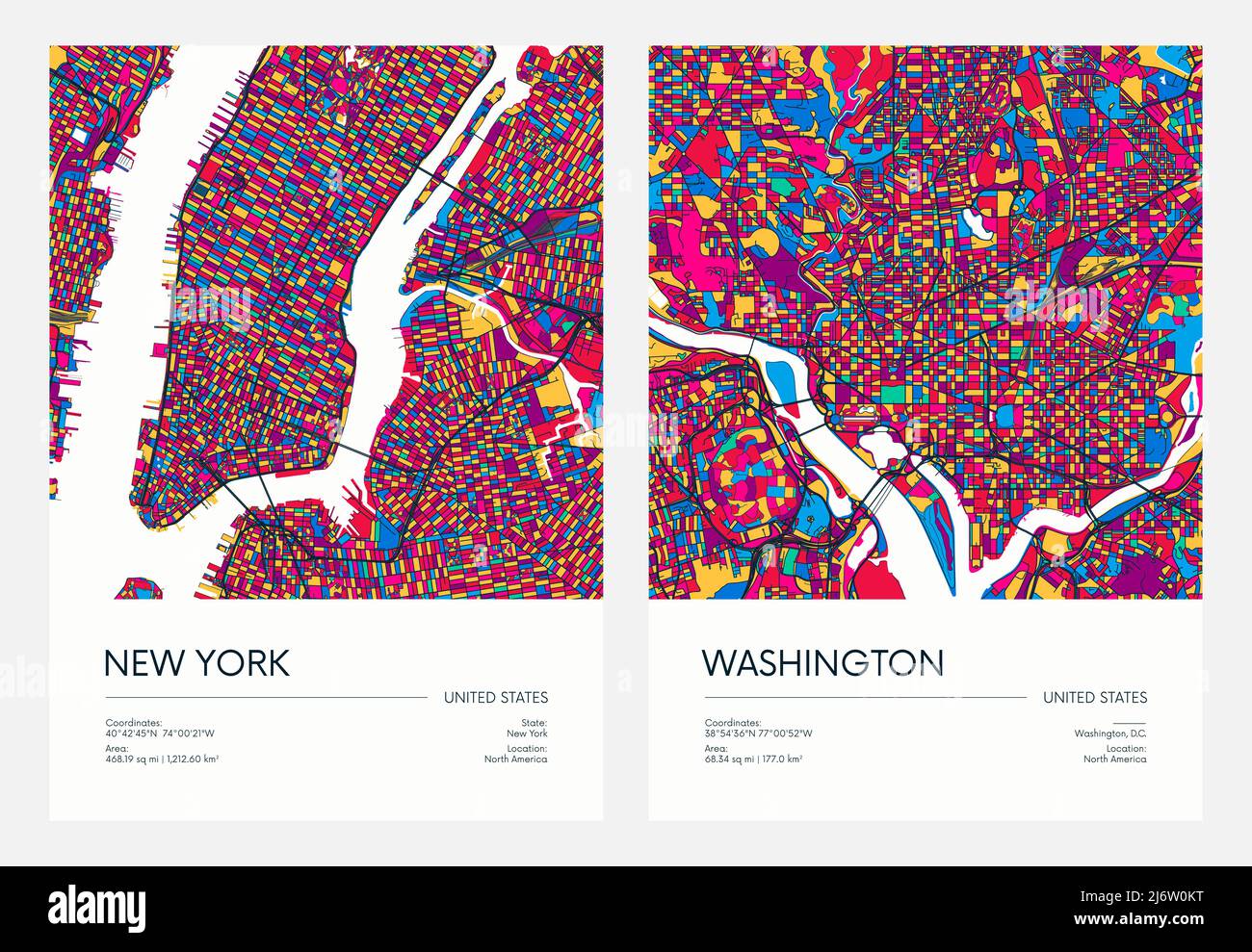 Carte routière détaillée en couleur, plan urbain ville de New York et Washington avec quartiers et quartiers colorés, poster de vecteur de voyage Illustration de Vecteur