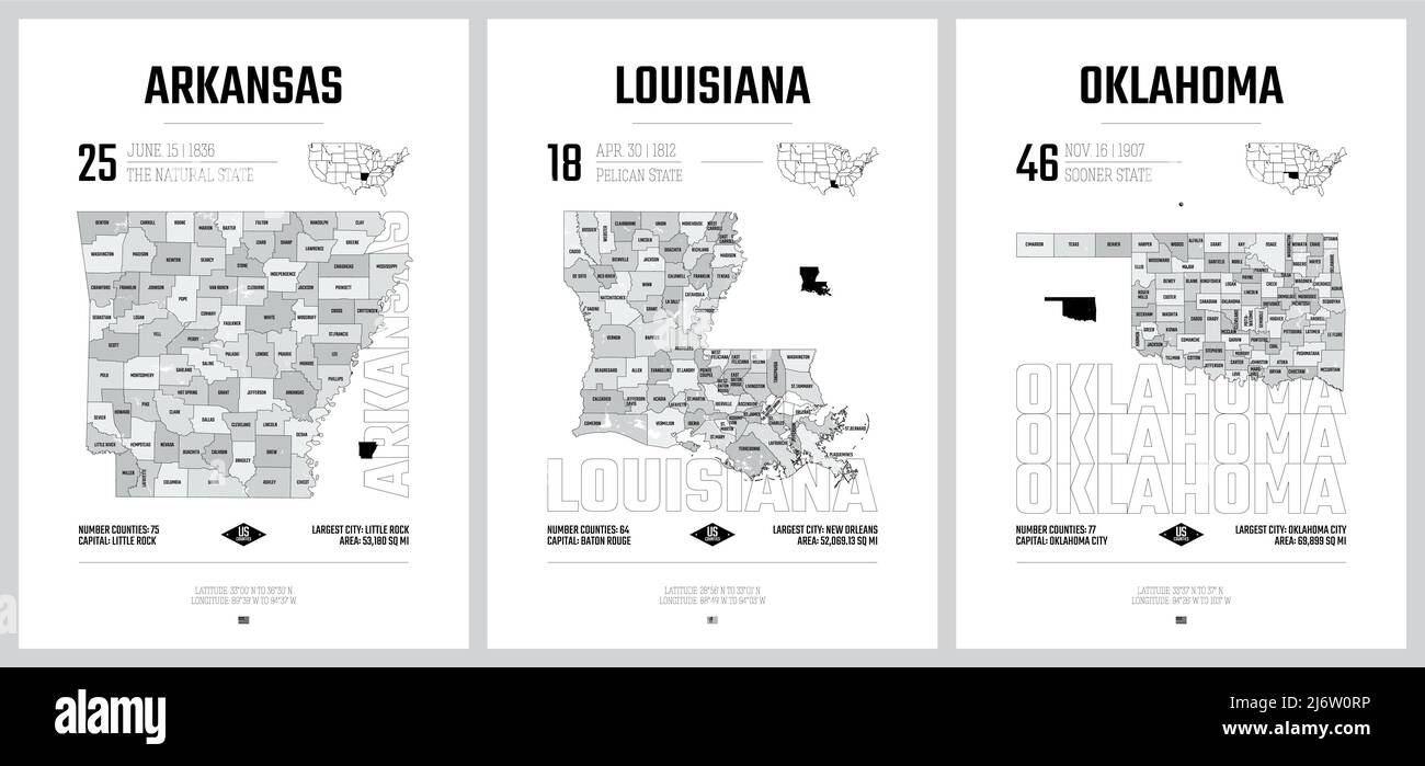 Silhouettes vectorielles très détaillées des cartes des États américains, Division États-Unis en comtés, subdivisions politiques et géographiques des États a, West Sou Illustration de Vecteur