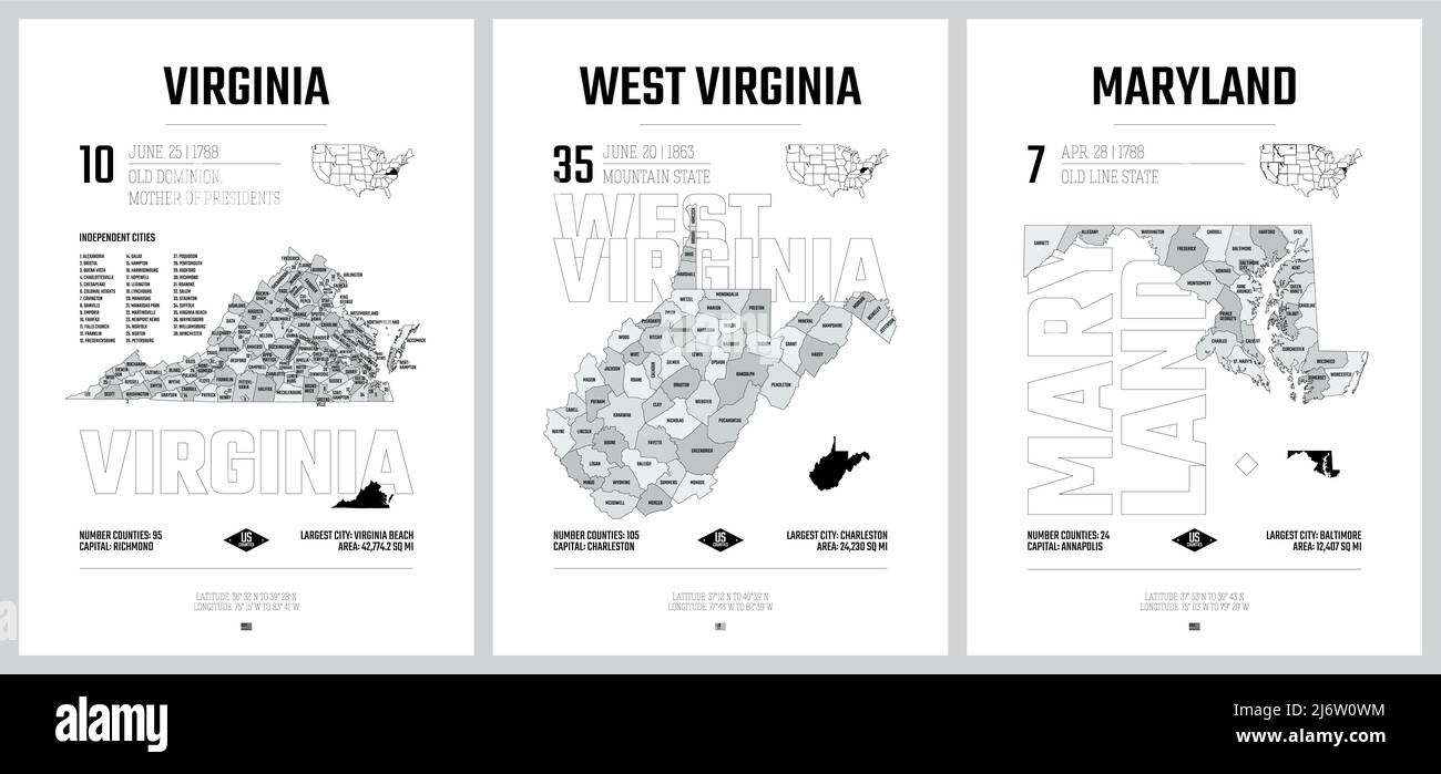 Silhouettes vectorielles très détaillées des cartes des États américains, Division des États-Unis en comtés, subdivisions politiques et géographiques des États a, South AT Illustration de Vecteur