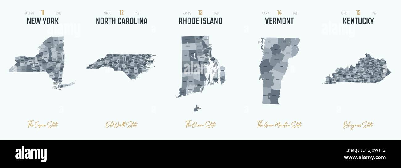 Ensemble vectoriel 3 des 10 silhouettes très détaillées de cartes d'état des États-Unis, divisé en comtés avec des noms et des surnoms de territoire Illustration de Vecteur