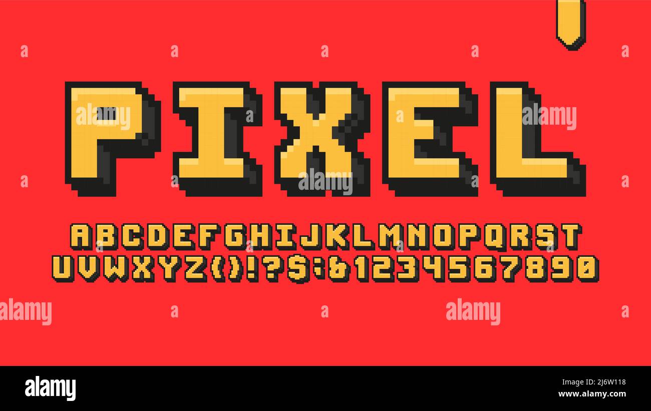 Police de pixels vectoriels de 80s 90s jeux d'arcade rétro, conception de jeux d'ordinateur 8 bits lettres et chiffres, alphabet rétro coloré, symboles vectoriels Illustration de Vecteur