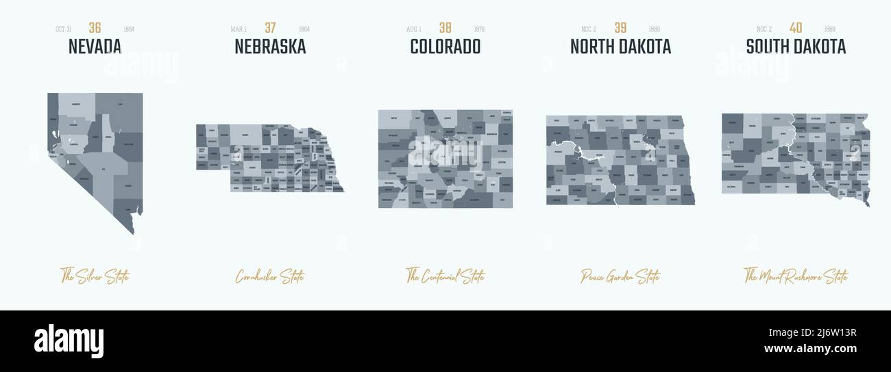 Ensemble vectoriel 8 des 10 silhouettes très détaillées de cartes d'état des États-Unis, divisé en comtés avec des noms et des surnoms de territoire Illustration de Vecteur