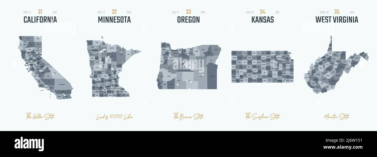 Ensemble vectoriel 7 des 10 silhouettes très détaillées de cartes d'état des États-Unis, divisé en comtés avec des noms et des surnoms de territoire Illustration de Vecteur