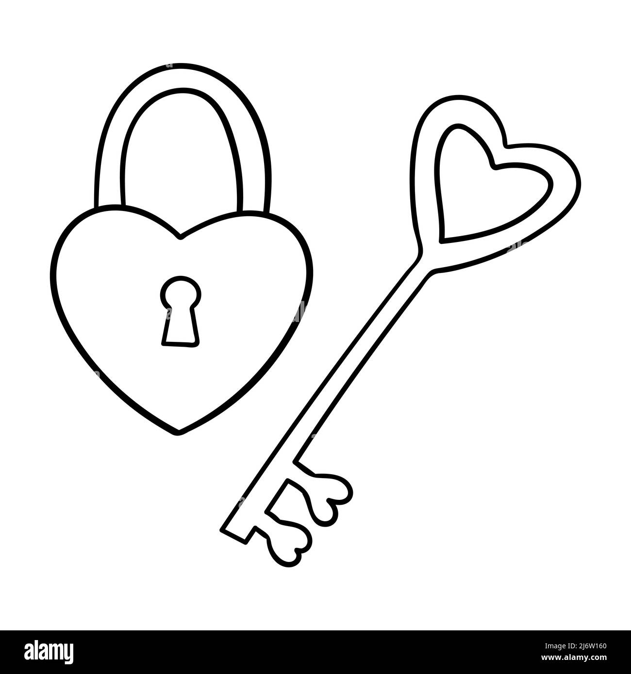 Une clé et une serrure en forme de coeur. Élément décoratif pour la Saint-Valentin. Un objet de conception de contour simple est dessiné à la main et isolé sur une wh Illustration de Vecteur