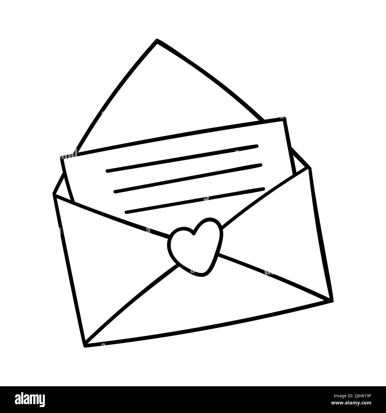 Ouvrez l'enveloppe contenant une lettre. Élément décoratif pour la Saint-Valentin. Un simple objet de conception de contour est dessiné à la main et isolé sur blanc. Doo Illustration de Vecteur