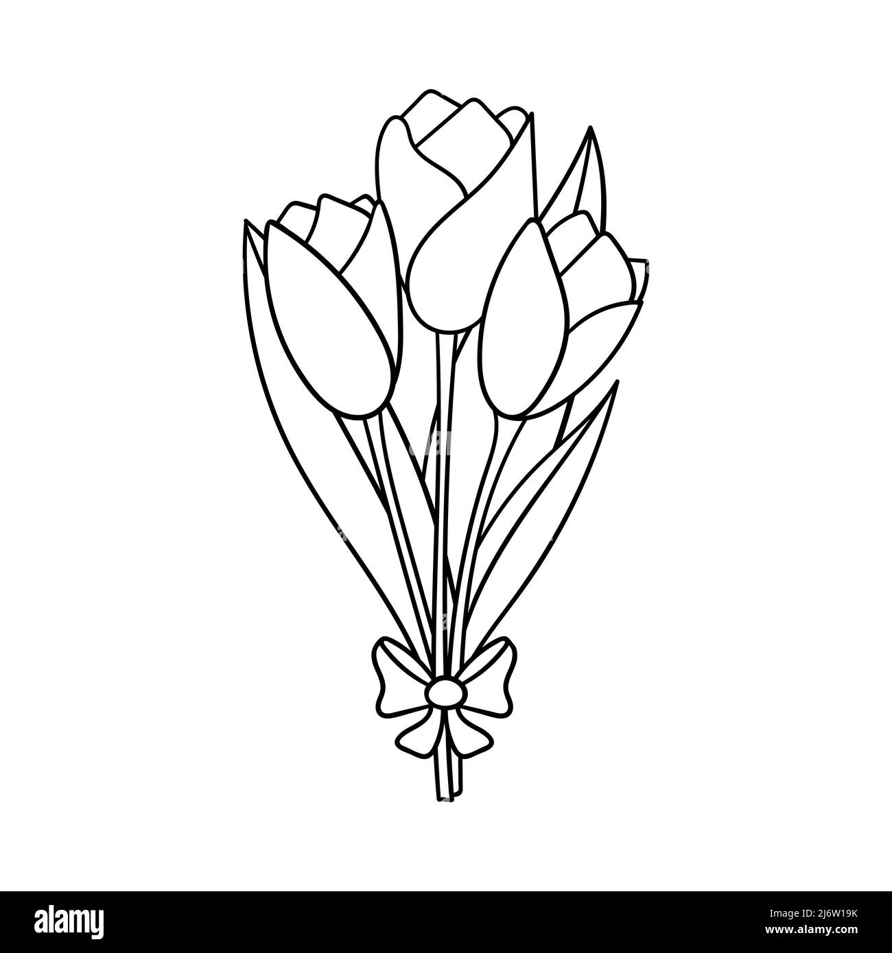 Un bouquet de tulipes avec des feuilles et un arc. Élément décoratif pour la Saint-Valentin. Un objet de conception de contour simple est dessiné à la main et isolé sur whi Illustration de Vecteur