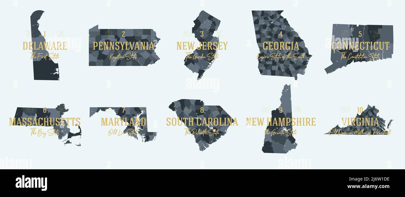 Définissez 1 des 5 divisions États-Unis en comtés, sous-divisions politiques et géographiques d'un état, cartes vectorielles très détaillées avec des noms et territo Illustration de Vecteur