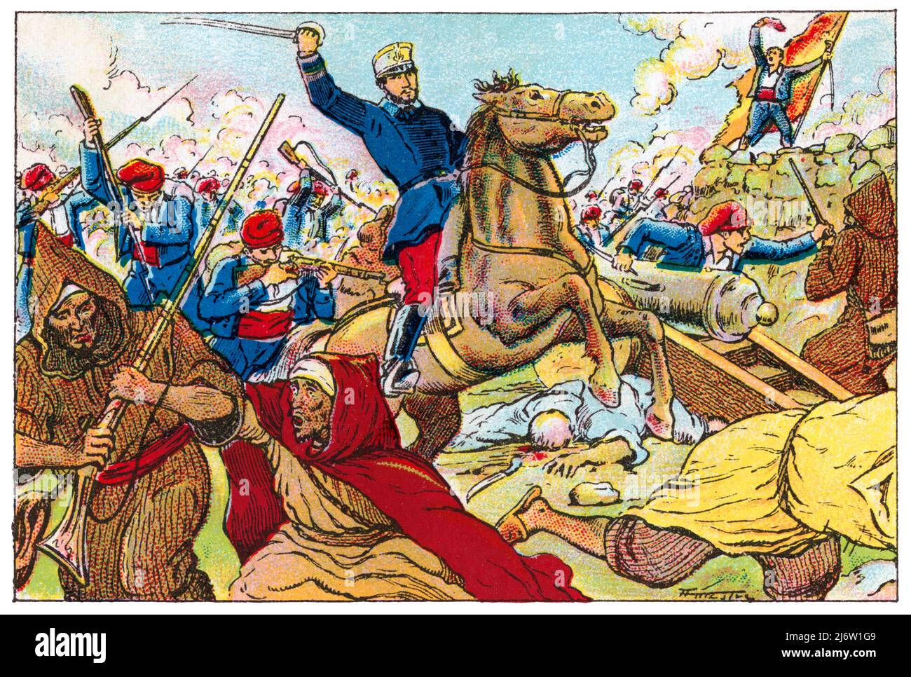 Historia de Catalunya. El General Juan Prim Prats (1814-1870) en la batalla de Tetuán, febrero de 1860. Cromo de Xacolata Juncosa. Año 1932. Auteur: Albert Mestre Moragas. Banque D'Images