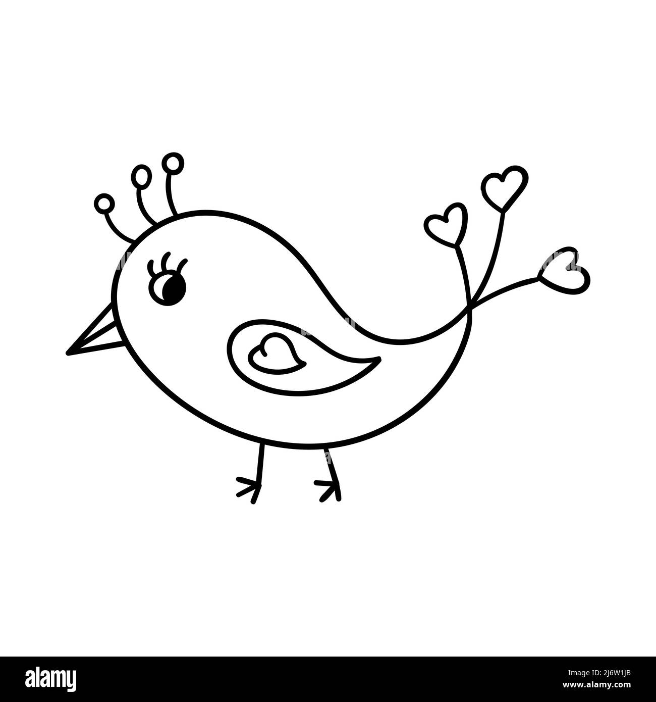 Oiseau mignon avec des plumes en forme de coeur. Élément décoratif pour la Saint-Valentin. Illustration de contour simple dessinée à la main et isolée Illustration de Vecteur