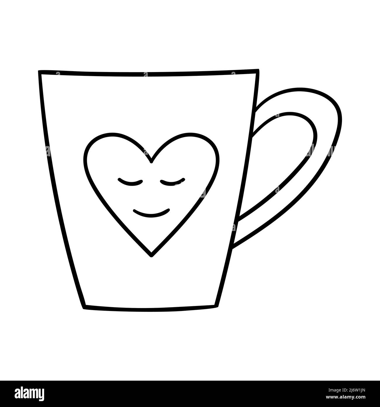 Un mug à motif en forme de cœur. Élément décoratif pour la Saint-Valentin. Illustration de contour simple dessinée à la main et isolée sur une ba blanche Illustration de Vecteur
