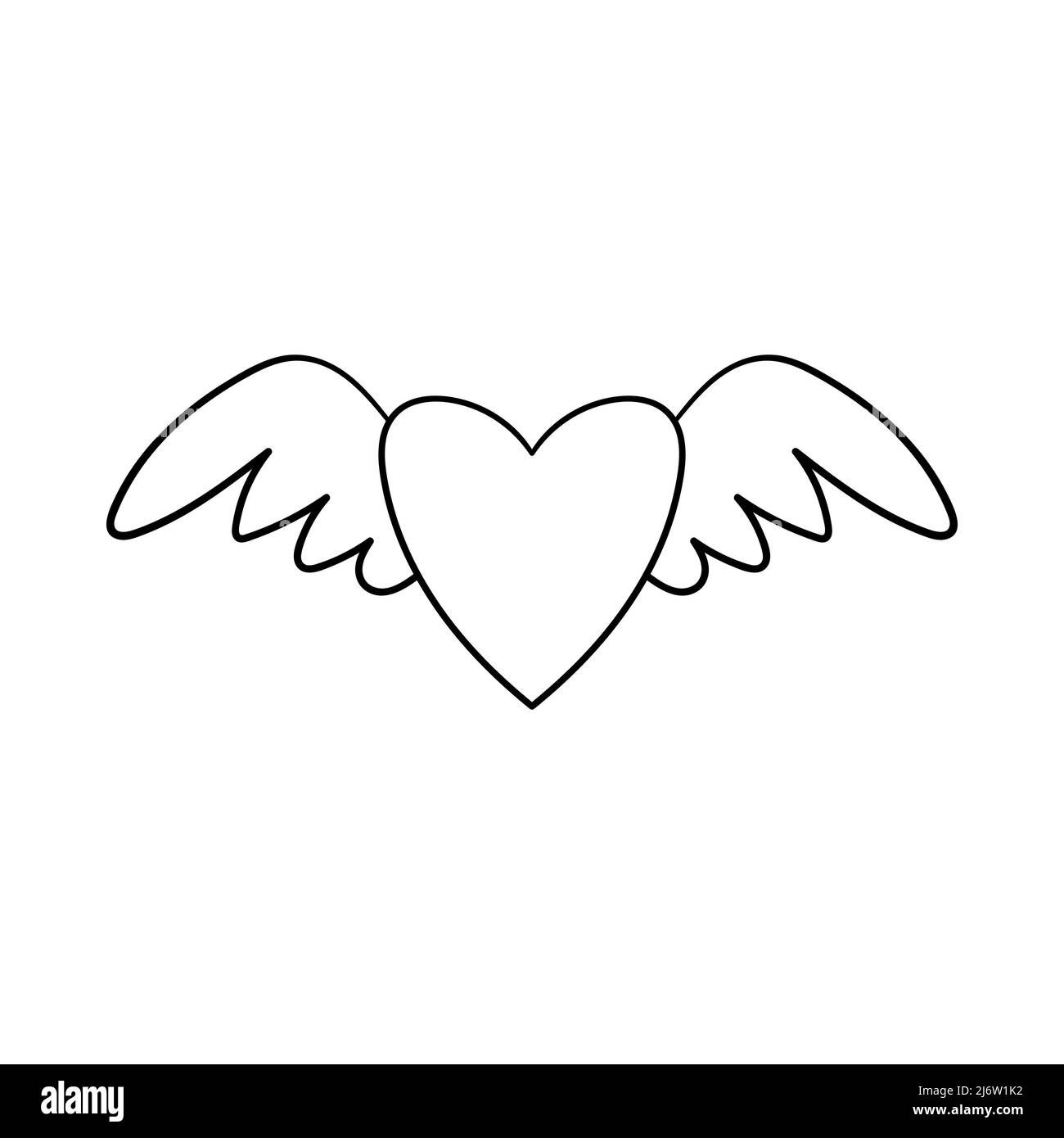 Un cœur avec des ailes. Élément décoratif pour la Saint-Valentin. Un simple objet de conception à contour unique est dessiné à la main et isolé sur un fond blanc. Illustration de Vecteur