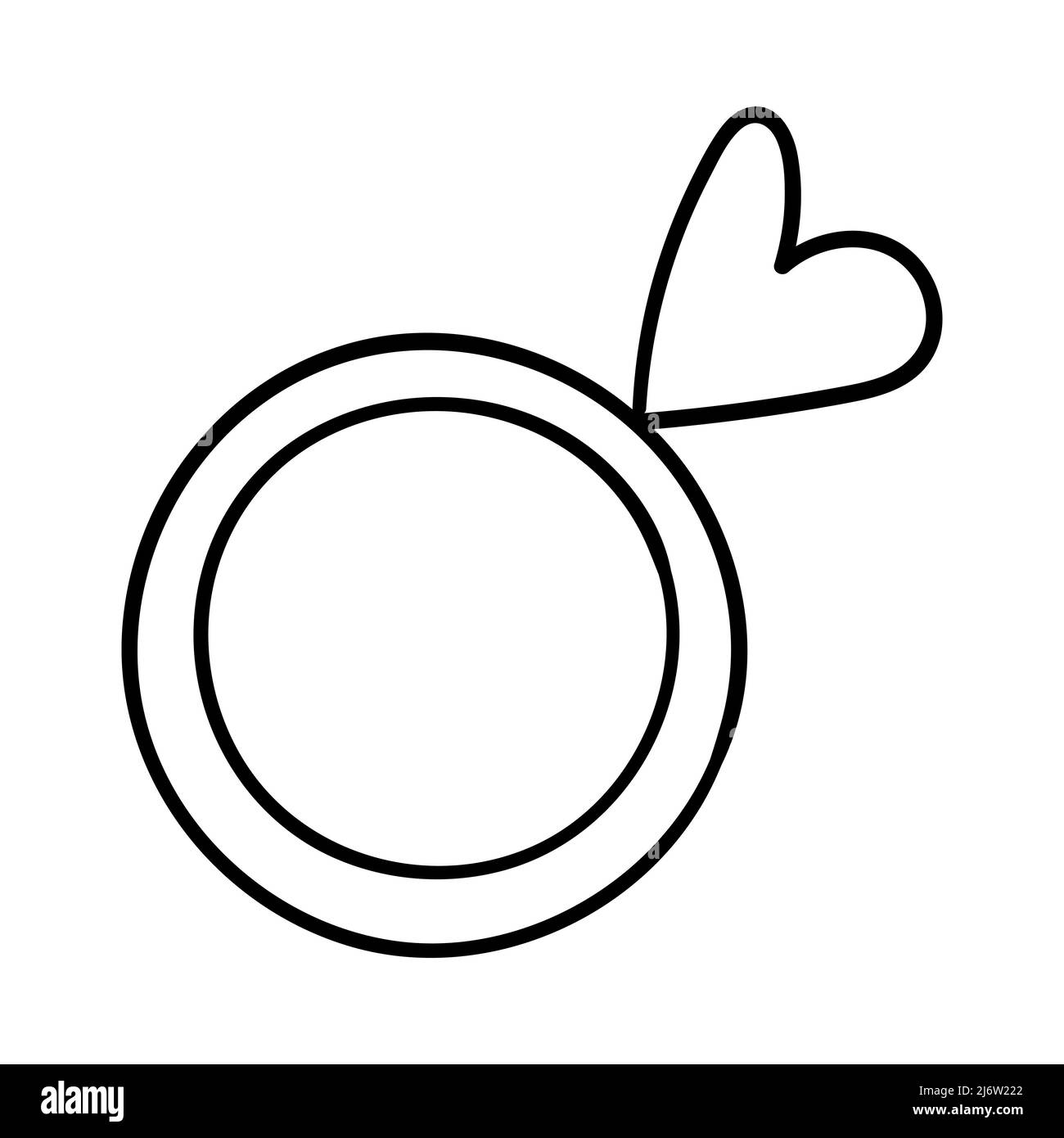 Anneau avec une décoration en forme de coeur. Pour la décoration le jour de la Saint-Valentin. Contour simple un seul élément de conception est dessiné à la main et isolé sur un bac blanc Illustration de Vecteur